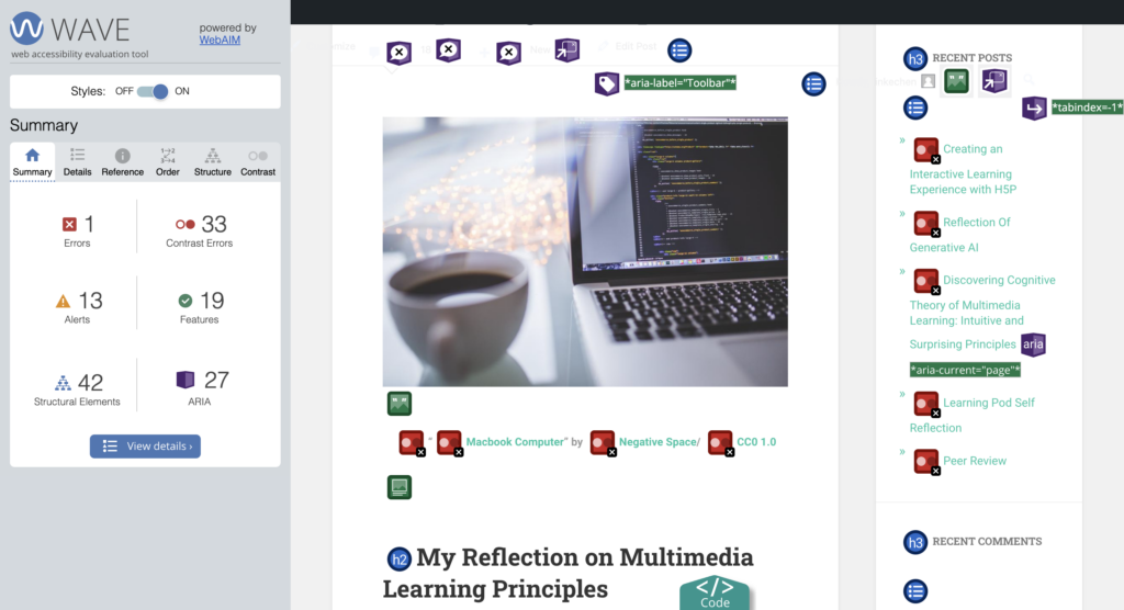 "Screenshot of the WAVE accessibility evaluation tool report showing 1 error, 33 contrast errors, 13 alerts, 19 features, 42 structural elements, and 27 ARIA attributes on a webpage."